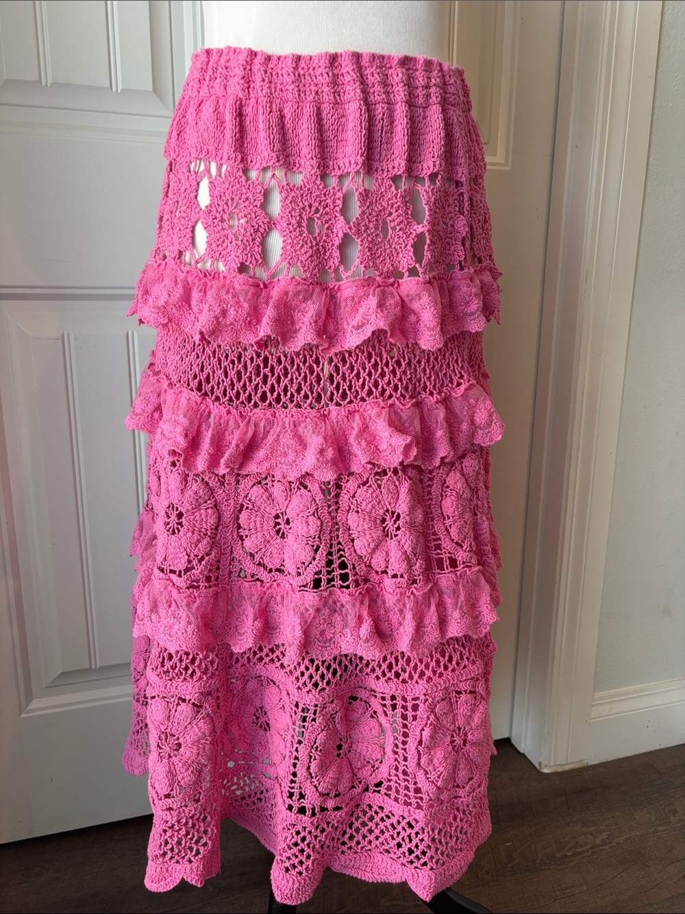 POL Pink Crochet Tiered Maxi Skirt with Ruffle Panels